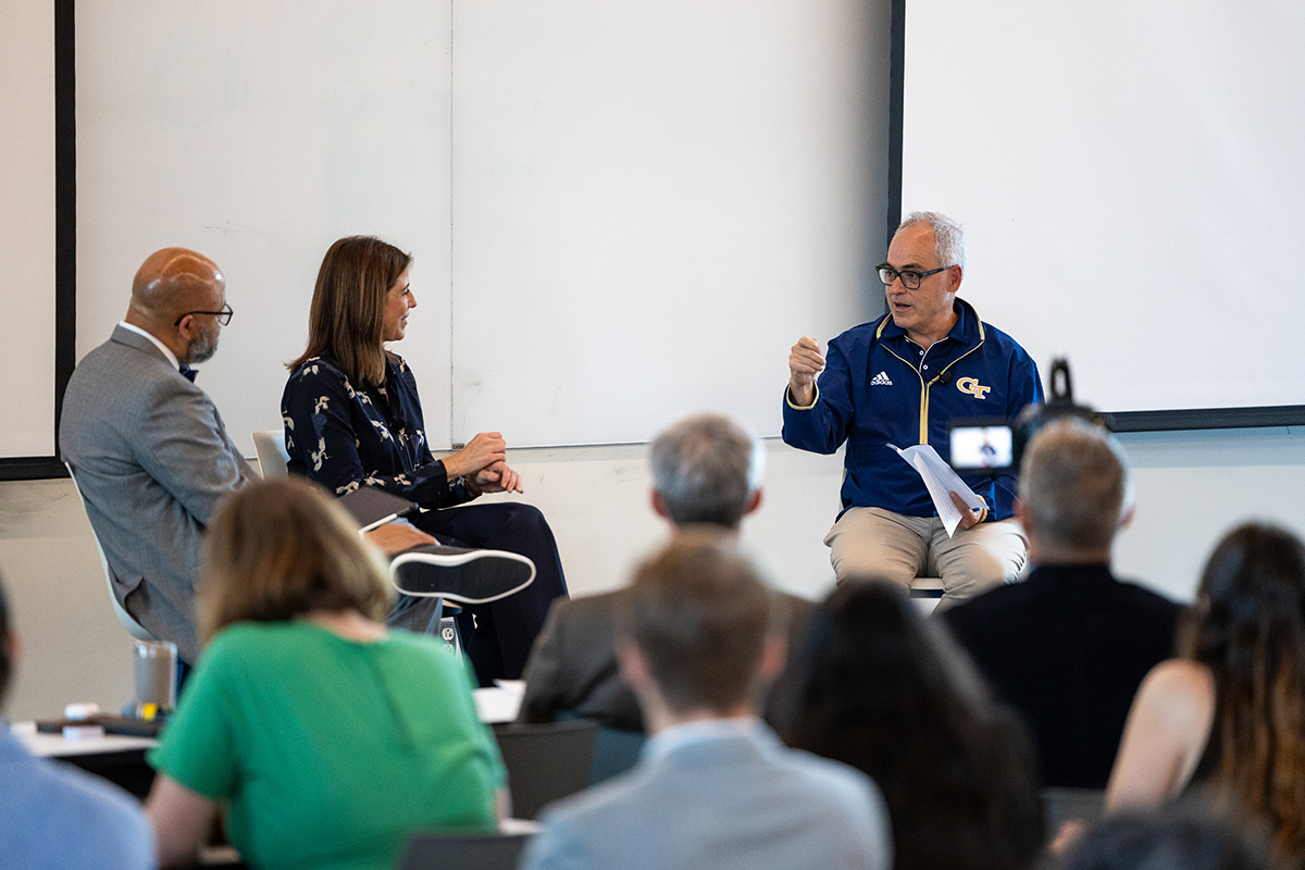 Georgia Tech President Ángel Cabrera with Mark Berry, senior vice president of Research and Development at Southern Company, and Danielle Merfeld, global chief technology officer at Hanwha Qcells, during the Conversations With Cabrera segment.