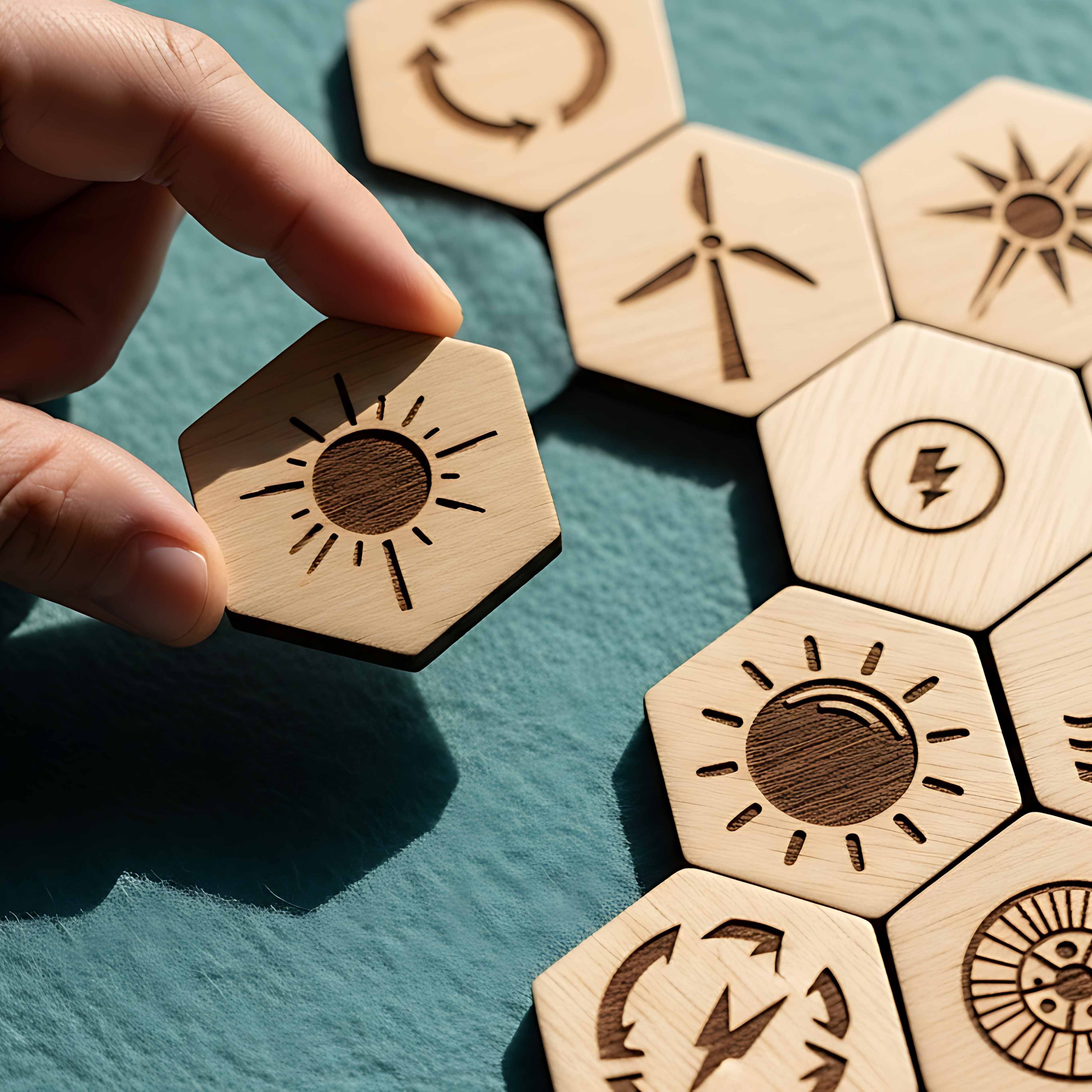 Hand places hexagonal tile with sun icon into energy puzzle