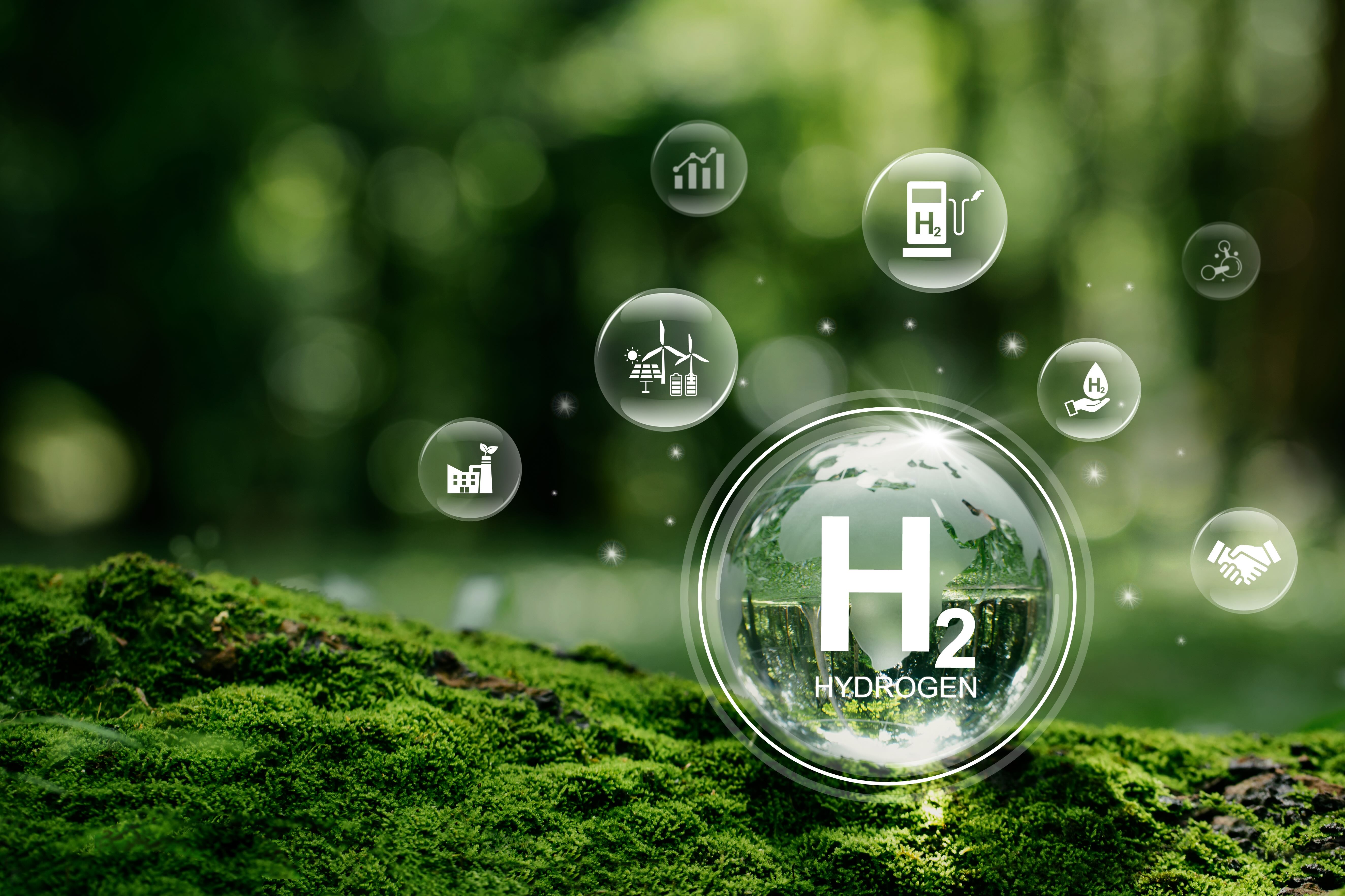 Stock Image showing H2 in a bubble in a green background