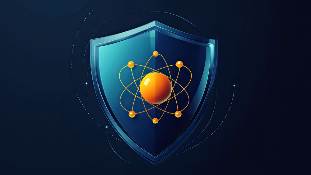 Rendered image of a shield with atom on it.