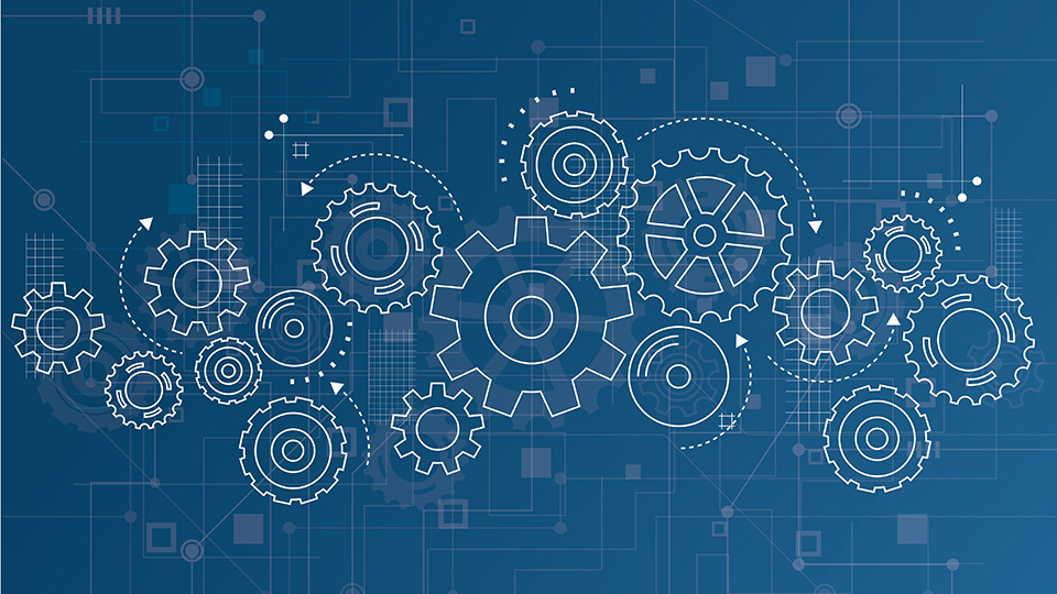 Stock image showing multiple gearwheels depicting interconnectivity of systems