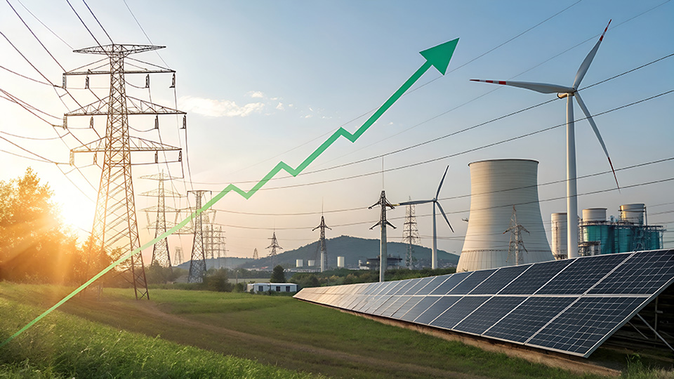 Stock Image of energy sources with an upward green arrow showing energy demand