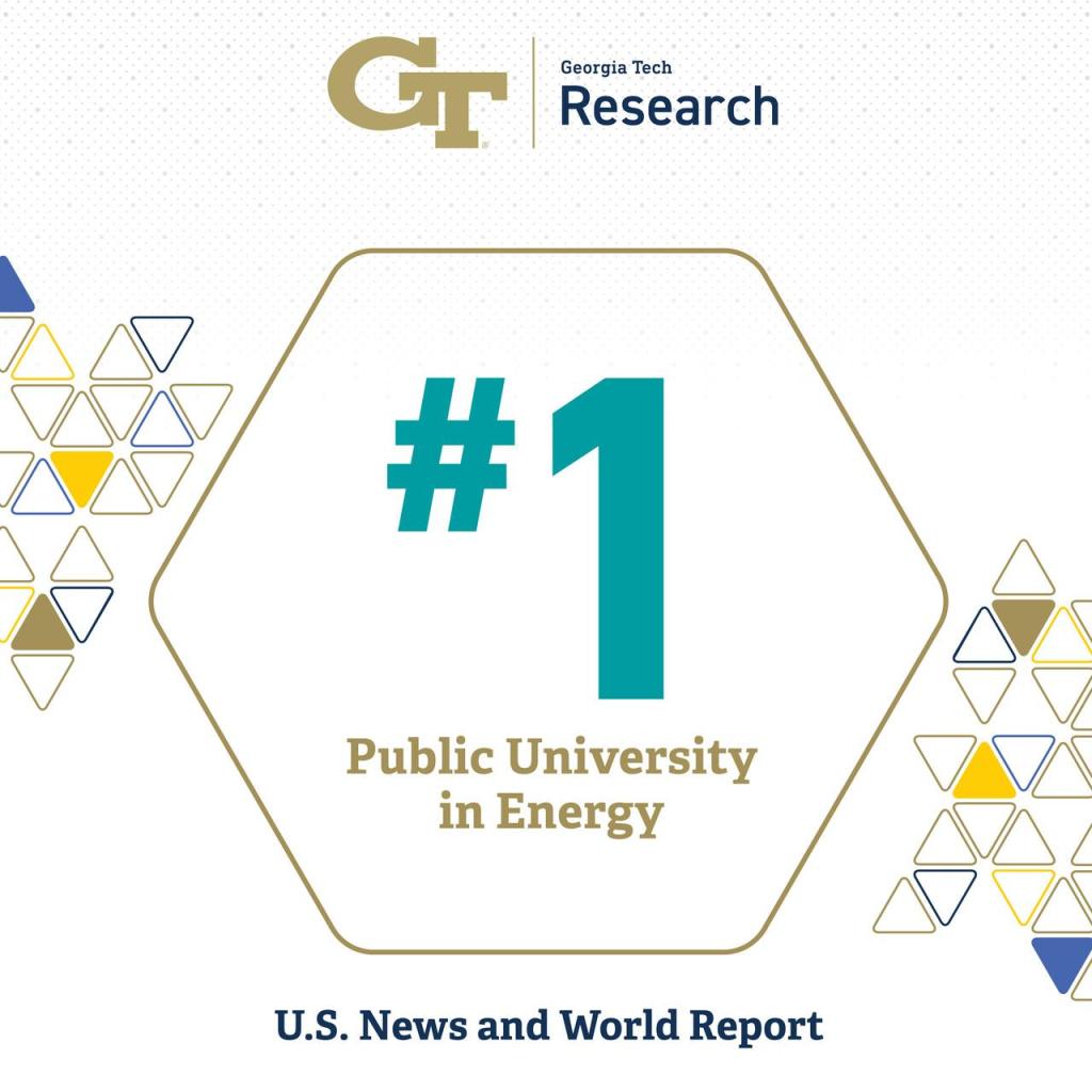 Graphic showing #1 Public University in Energy in Georgia Tech colors