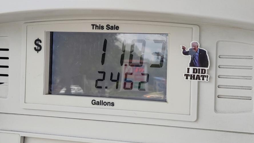 Oliver was inspired by the stickers he saw on gas pumps showing Joe Biden pointing at the price saying "I did that." Photo by Whoisjohngalt, via Wikimedia Commons, licensed under CC BY-SA 4.0.