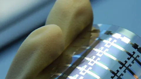 Gloved hand holding a flexible chip