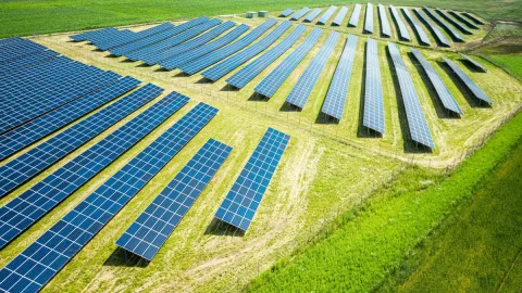 Solar arrays in a grass field