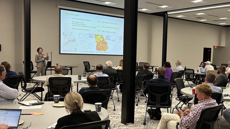 Yuanzhi Tang, Professor, and Strategic Energy Institute&#039;s Initiative Lead for Sustainable Resources presenting at the GEMs-3 and GRACE Workshop in Macon, GA
